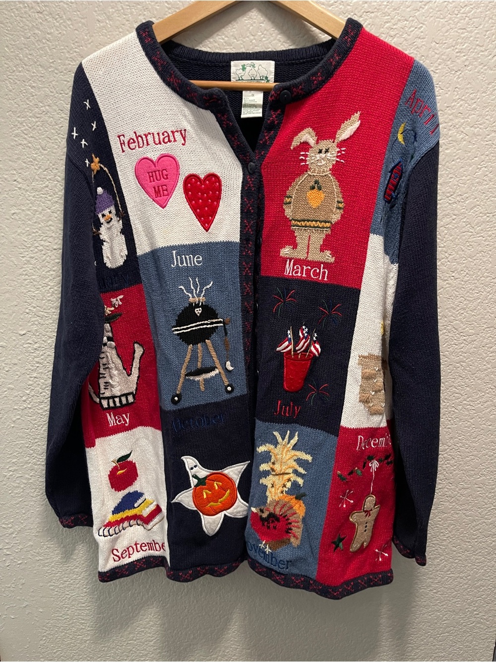 Patchwork Monthly Motif Cardigan Sweater - Navy, Red, White